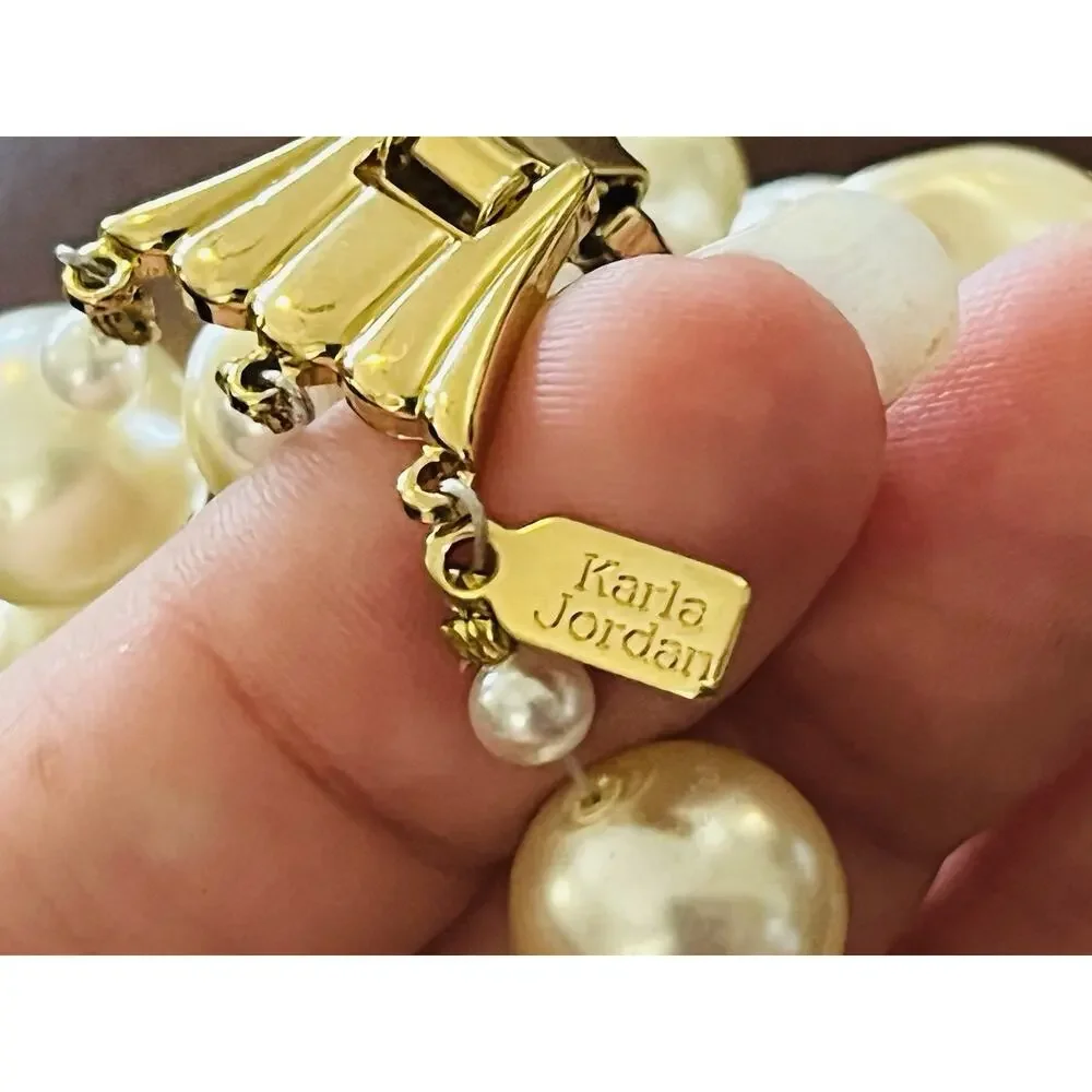 Vintage Karla Jordan Bracelet Beaded Faux Pearl Signed Statement 6.75” Gold Tone